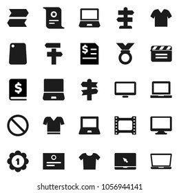 Flat vector icon set - cutting board vector, notebook pc, certificate, annual report, t shirt, medal, prohibition sign, signpost, cinema clap, film frame, monitor, clothes