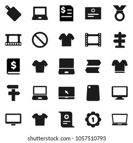 Flat vector icon set - cutting board vector, notebook pc, certificate, annual report, t shirt, medal, prohibition sign, signpost, film frame, monitor, clothes