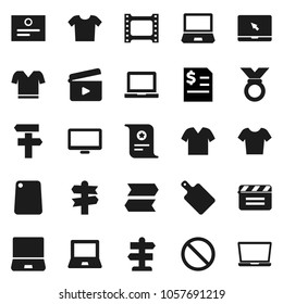 Flat vector icon set - cutting board vector, notebook pc, certificate, annual report, t shirt, medal, prohibition sign, signpost, cinema clap, film frame, monitor, clothes