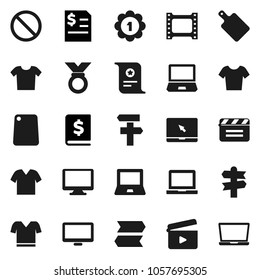 Flat vector icon set - cutting board vector, notebook pc, certificate, annual report, t shirt, medal, prohibition sign, signpost, cinema clap, film frame, monitor, clothes