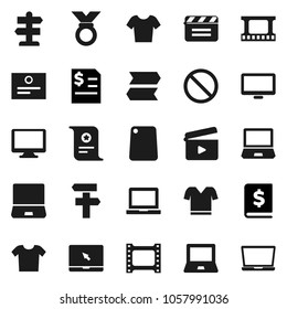 Flat vector icon set - cutting board vector, notebook pc, certificate, annual report, t shirt, medal, prohibition sign, signpost, cinema clap, film frame, monitor, clothes