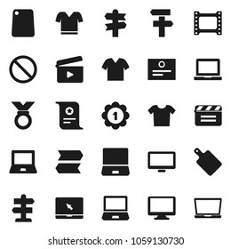 Flat vector icon set - cutting board vector, notebook pc, certificate, t shirt, medal, prohibition sign, signpost, cinema clap, film frame, monitor, clothes