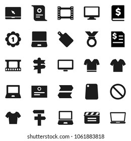 Flat vector icon set - cutting board vector, notebook pc, certificate, annual report, t shirt, medal, prohibition sign, signpost, cinema clap, film frame, monitor, clothes
