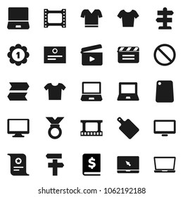 Flat vector icon set - cutting board vector, notebook pc, certificate, annual report, t shirt, medal, prohibition sign, signpost, cinema clap, film frame, monitor, clothes
