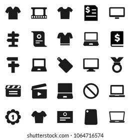 Flat vector icon set - cutting board vector, notebook pc, certificate, annual report, t shirt, medal, prohibition sign, signpost, cinema clap, film frame, monitor, clothes