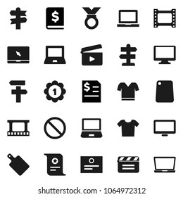 Flat vector icon set - cutting board vector, notebook pc, certificate, annual report, t shirt, medal, prohibition sign, signpost, cinema clap, film frame, monitor, clothes