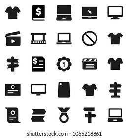 Flat vector icon set - cutting board vector, notebook pc, certificate, annual report, t shirt, medal, prohibition sign, signpost, cinema clap, film frame, monitor, clothes