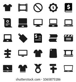 Flat vector icon set - cutting board vector, notebook pc, certificate, annual report, t shirt, medal, prohibition sign, signpost, cinema clap, film frame, monitor, clothes