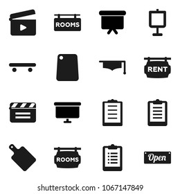 Flat vector icon set - cutting board vector, graduate hat, presentation, clipboard, skateboard, cinema clap, rent signboard, rooms, open