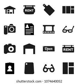 Flat vector icon set - cutting board vector, glasses, personal information, film frame, camera, barn, rent signboard, open, window