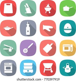 Flat Vector Icon Set - Cutting Board Vector, Stands For Knives, Bbq, Saute Pan, Vegetable Oil, Cook Glove, Egg Timer, Garlic Clasp, Skimmer, Grill Oven, Double Boiler, Apron