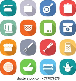 flat vector icon set - cutting board vector, pan, kettle, colander, kitchen scales, chief hat, big fork, blender, grater, sieve, mortar, sponge, apron