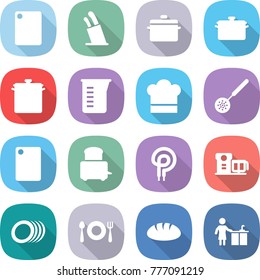 flat vector icon set - cutting board vector, stands for knives, pan, measuring cup, cook hat, skimmer, toaster, elecric oven, food processor, plates, fork spoon plate, bread, kitchen cleaning