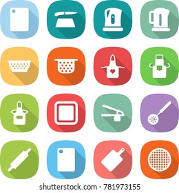 flat vector icon set - cutting board vector, kettle, colander, apron, garlic clasp, skimmer, rolling pin, sieve