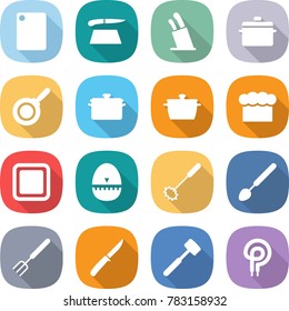 flat vector icon set - cutting board vector, stands for knives, pan, chief hat, egg timer, whisk, big spoon, fork, knife, meat hammer, elecric oven