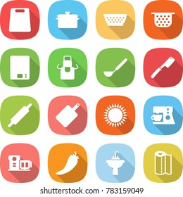 flat vector icon set - cutting board vector, pan, colander, kitchen scales, apron, ladle, chef knife, rolling pin, gas oven, coffee maker, food processor, hot pepper, water tap sink, paper towel