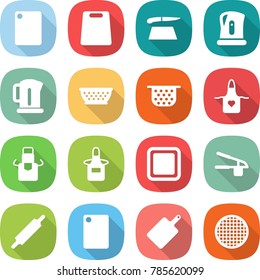flat vector icon set - cutting board vector, kettle, colander, apron, garlic clasp, rolling pin, sieve