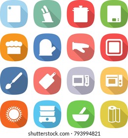 flat vector icon set - cutting board vector, stands for knives, pan, kitchen scales, chief hat, cook glove, big spoon, microwave oven, grill, gas, double boiler, mortar, paper towel