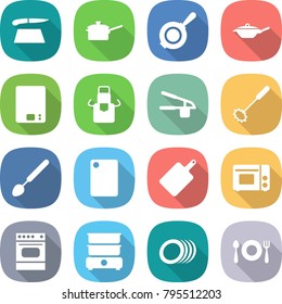 flat vector icon set - cutting board vector, saute pan, kitchen scales, apron, garlic clasp, whisk, big spoon, grill oven, double boiler, plates, fork plate