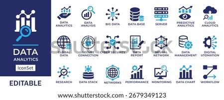 Flat vector icon set of data analytics. Big data, cloud computing, predictive analytics, cybersecurity, neural network, and workflow. Perfect for business, digital automation, and technology projects.