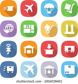 flat vector icon set - delivery vector, plane, parachute, cargo stoller, consolidated, trolley, top sign, do not hook, warehouse, package, railroad shipping, fast deliver, airplane