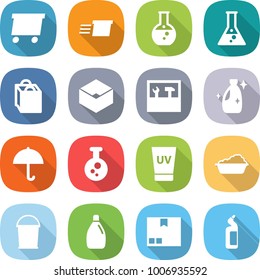 flat vector icon set - delivery vector, round flask, shopping bag, box, tools, cleanser, dry cargo, chemical, uv cream, washing, bucket, package, toilet