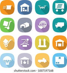 flat vector icon set - delivery vector, warehouse, drone, cargo stoller, shipping, trolley, sun potection, top sign, parachute, pickup, package