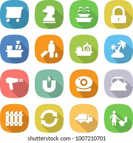flat vector icon set - delivery vector, chess horse, fountain, lock, customs control, passenger, baggage checking, island, hair dryer, magnet, web camera, kettle, fence, reload, trash truck