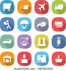 flat vector icon set - delivery vector, plane, truck, courier, parachute, warehouse, shipping, car, sun potection, cargo top sign, do not hook, package