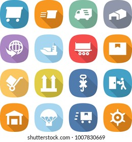 flat vector icon set - delivery vector, warehouse, sea shipping, truck, package box, trolley, cargo top sign, do not hook, courier, parachute, fast deliver, handwheel
