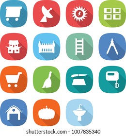 flat vector icon set - delivery vector, satellite antenna, sun power, panel house, japanese, gothic architecture, ladder, drawing compasses, cart, broom, cutting board, mixer, barn, pumpkin