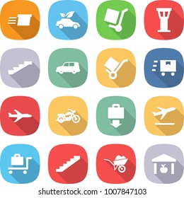 flat vector icon set - delivery vector, eco car, cargo stoller, airport tower, stairs, shipping, trolley, fast deliver, plane, motorcycle, baggage get, departure, wheelbarrow, warehouse