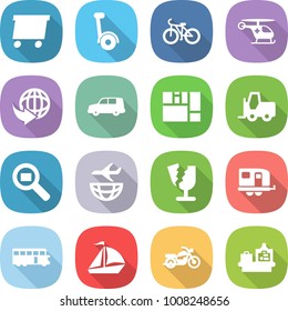 flat vector icon set - delivery vector, gyroscooter, bike, ambulance helicopter, car shipping, consolidated cargo, fork loader, search, plane, broken, trailer, bus, sail boat, motorcycle