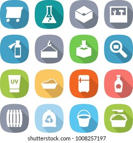 flat vector icon set - delivery vector, flask, box, tools, potion bottle, loading crane, package, cargo search, uv cream, washing, fridge, ketchup, barrel, garbage bag, bucket, powder