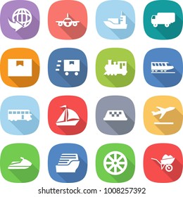 flat vector icon set - delivery vector, plane, sea shipping, package box, fast deliver, train, bus, sail boat, taxi, departure, jet ski, cruise ship, wheel, wheelbarrow