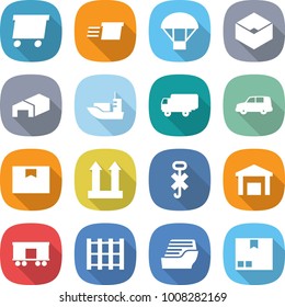 flat vector icon set - delivery vector, parachute, box, warehouse, sea shipping, car, package, cargo top sign, do not hook, railroad, pallet, cruise ship