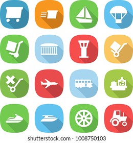 flat vector icon set - delivery vector, boat, parachute, cargo stoller, airport building, tower, trolley, do not sign, plane, bus, baggage checking, jet ski, yacht, wheel, tractor