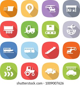 flat vector icon set - delivery vector, dollar pin, ambulance helicopter, gas station, truck shipping, fork loader, transporter tape, plane, train, bus, stairs, conveyor, tractor, trash, car wash