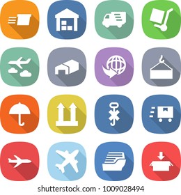 flat vector icon set - delivery vector, warehouse, cargo stoller, journey, loading crane, dry, top sign, do not hook, fast deliver, plane, airplane, cruise ship, package