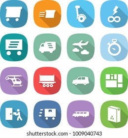 flat vector icon set - delivery vector, gyroscooter, infinity power, journey, stopwatch, ambulance helicopter, truck shipping, car, consolidated cargo, courier, fast deliver, speed train, cereals