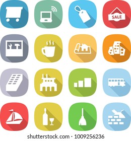flat vector icon set - delivery vector, notebook wireless, label, sale, tools, hot drink, project, modern architecture, brick, factory, sorting, bus, sail boat, wine, broom, construct garbage