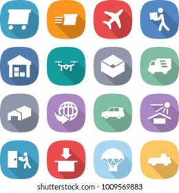 flat vector icon set - delivery vector, plane, courier, warehouse, drone, box, car shipping, sun potection, package, parachute, pickup