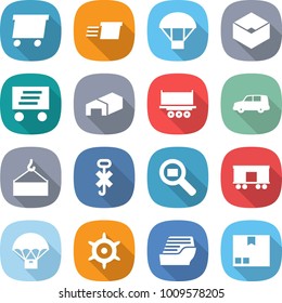 flat vector icon set - delivery vector, parachute, box, warehouse, truck shipping, car, loading crane, do not hook sign, cargo search, railroad, handwheel, cruise ship, package