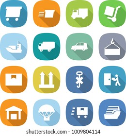 flat vector icon set - delivery vector, truck, cargo stoller, sea shipping, car, loading crane, package box, top sign, do not hook, courier, warehouse, parachute, fast deliver, cruise ship
