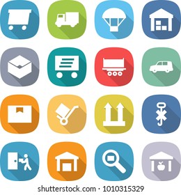 flat vector icon set - delivery vector, truck, parachute, warehouse, box, shipping, car, package, trolley, cargo top sign, do not hook, courier, search