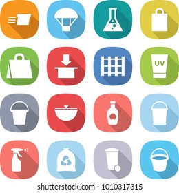 flat vector icon set - delivery vector, parachute, flask, shopping bag, package, pallet, uv cream, bucket, cauldron, ketchup, sprayer, garbage, trash bin