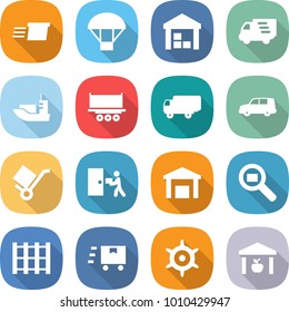 flat vector icon set - delivery vector, parachute, warehouse, sea shipping, truck, car, trolley, courier, cargo search, pallet, fast deliver, handwheel