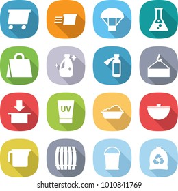 flat vector icon set - delivery vector, parachute, flask, shopping bag, cleanser, potion bottle, loading crane, package, uv cream, washing, cauldron, measuring cup, barrel, bucket, garbage
