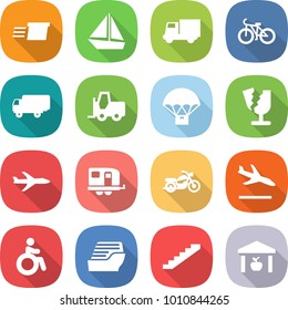 flat vector icon set - delivery vector, boat, truck, bike, shipping, fork loader, parachute, broken, plane, trailer, motorcycle, arrival, invalid, cruise ship, stairs, warehouse
