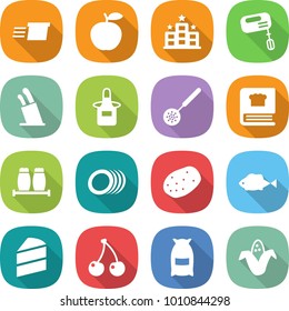 flat vector icon set - delivery vector, apple, hotel, mixer, stands for knives, apron, skimmer, cooking book, salt pepper, plates, potato, fish, cake, cherry, flour, corn